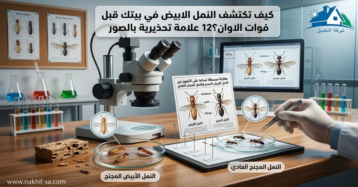مقارنة بصرية بين حشرة مجنحة تشبه النمل الأبيض وأخرى تشبه النمل المجنح العادي مع توضيح الخصر وقرون الاستشعار.